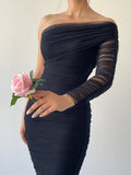 One Shoulder Mesh Ruched Midi Dress - Black