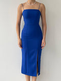 Woven Side Slit Midi Dress - Blue