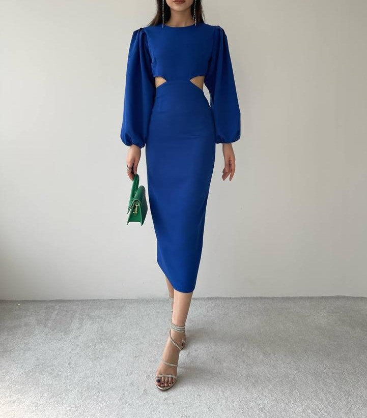 Balloon Sleeve Cutout Midi Dress - Royal Blue