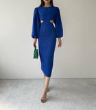 Balloon Sleeve Cutout Midi Dress - Royal Blue