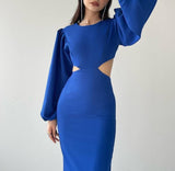 Balloon Sleeve Cutout Midi Dress - Royal Blue