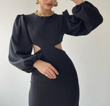 Balloon Sleeve Cutout Midi Dress - Black