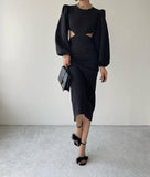 Balloon Sleeve Cutout Midi Dress - Black