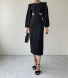 Balloon Sleeve Cutout Midi Dress - Black