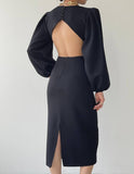 Balloon Sleeve Cutout Midi Dress - Black