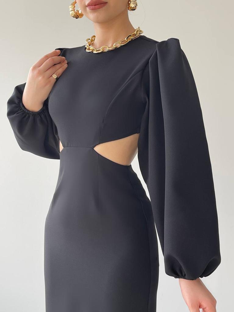 Balloon Sleeve Cutout Midi Dress - Black