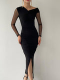 Asymmetric Neck Drape Midi Dress With Front Slit - Black