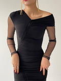 Asymmetric Neck Drape Midi Dress With Front Slit - Black