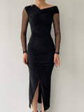 Asymmetric Neck Drape Midi Dress With Front Slit - Black