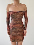 Sweetheart Neck Line Mesh Ruched Mini Dress - Printed