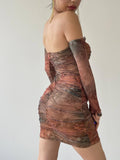 Sweetheart Neck Line Mesh Ruched Mini Dress - Printed