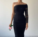 One Shoulder Mesh Ruched Midi Dress - Black