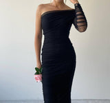 One Shoulder Mesh Ruched Midi Dress - Black