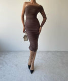 One Shoulder Mesh Ruched Midi Dress - Nude