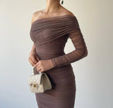 One Shoulder Mesh Ruched Midi Dress - Nude