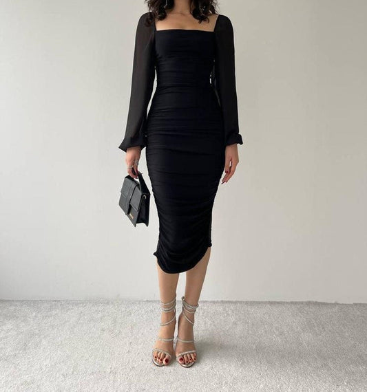 Chiffon Balloon Sleeve Drape Midi Dress - Black