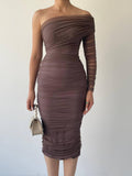 One Shoulder Mesh Ruched Midi Dress - Nude