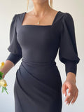 Square Neck Drape Midi Dress With Front Slit - Black