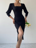 Square Neck Drape Midi Dress With Front Slit - Black