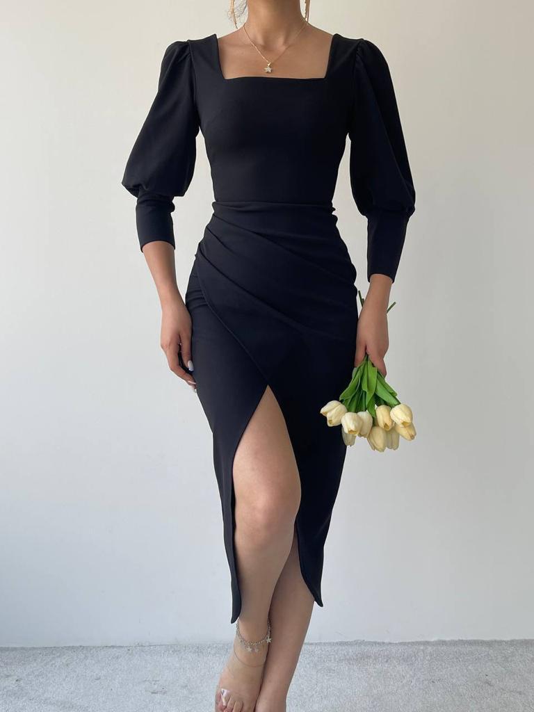 Square Neck Drape Midi Dress With Front Slit - Black
