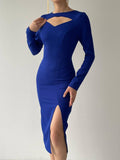 Cut Out Sweetheart Neck Line Midi Dress With Side Slit - Royal Blue