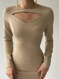 Cut Out Sweetheart Neck Line Midi Dress With Side Slit - Beige