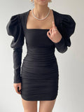 Ruched Sleeve Square Neck Drape Mini Dress - Black