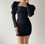 Ruched Sleeve Square Neck Drape Mini Dress - Black