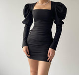 Ruched Sleeve Square Neck Drape Mini Dress - Black