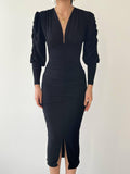 V-Neck Drape Midi Dress With Front Slip - Black