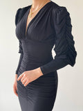 V-Neck Drape Midi Dress With Front Slip - Black