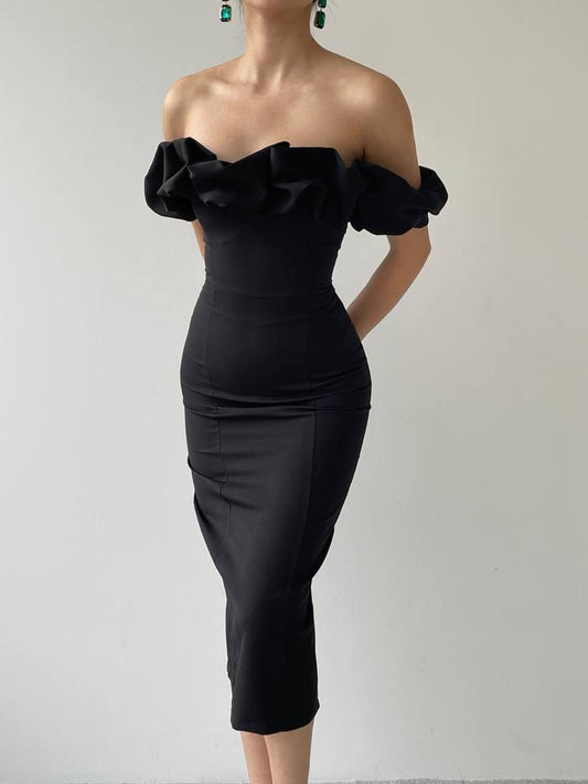 Ruffle Off The Shoulder Bodycon Midi Dress - Black