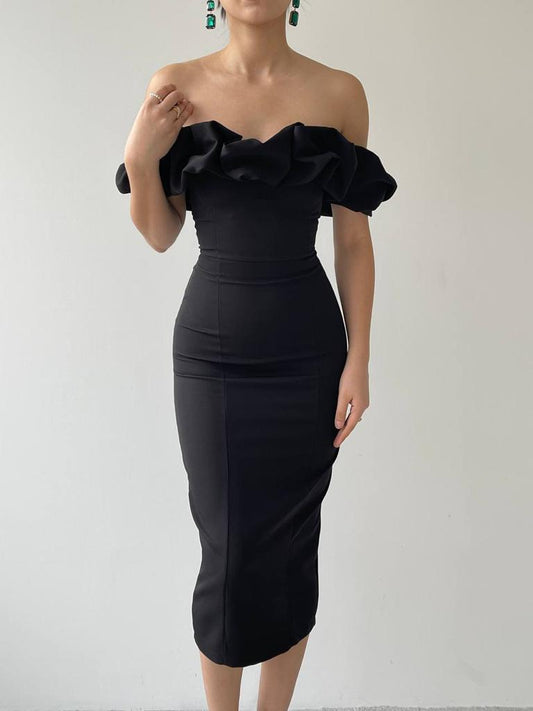 Ruffle Off The Shoulder Bodycon Midi Dress - Black