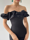 Ruffle Off The Shoulder Bodycon Midi Dress - Black