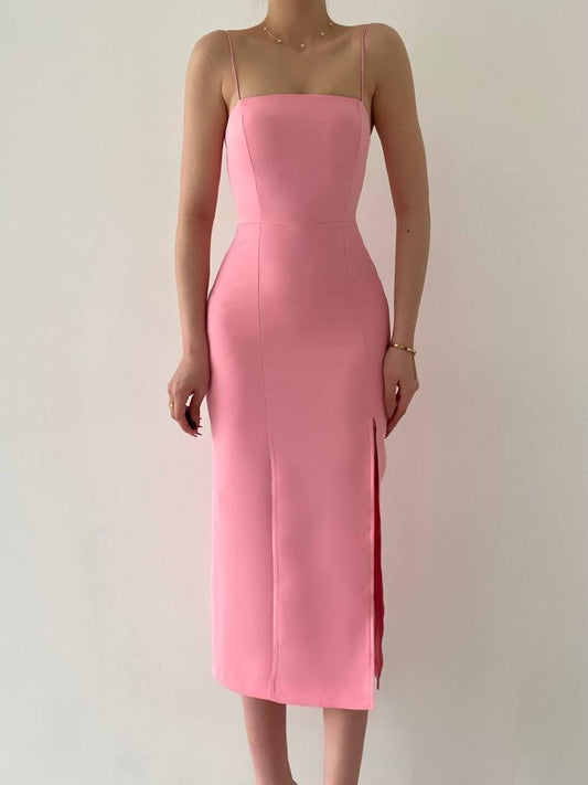 Woven Side Slit Midi Dress - Pink